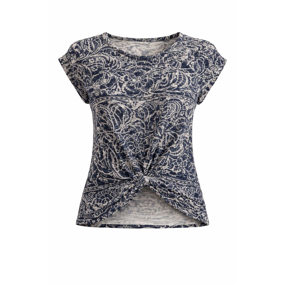 Lucky Brand Paisley Print Knot Front Top Size Small Blue Boho Short Sleeve